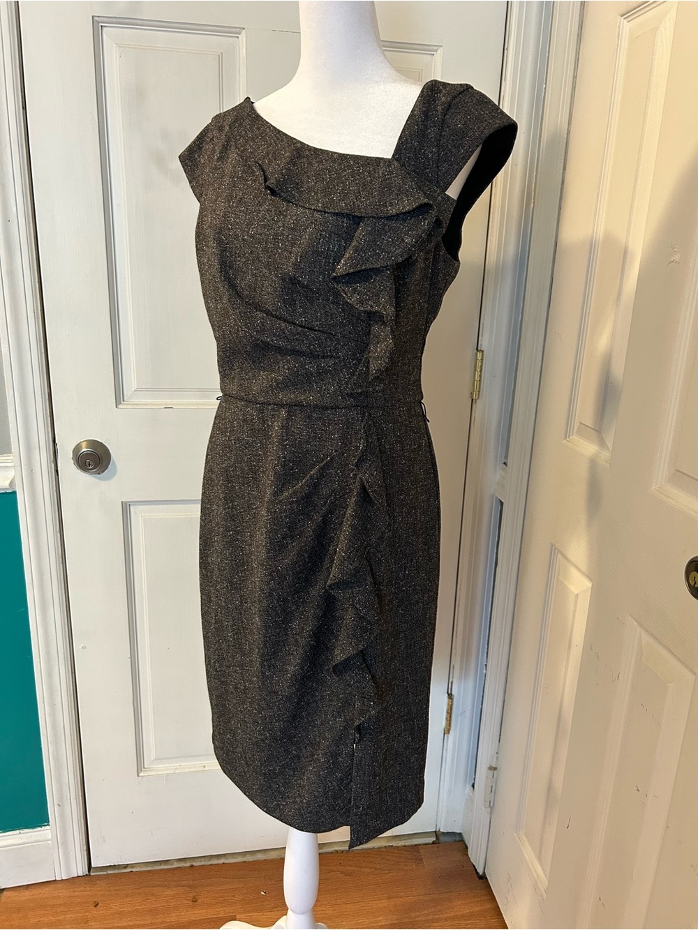 White House Black Market Charcoal Ruffle Sheath Dress